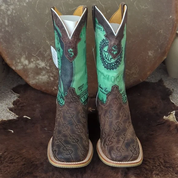 TIN HAUL men's DEUCE money themed square toe leather cowboy boot sz 13EE NWT